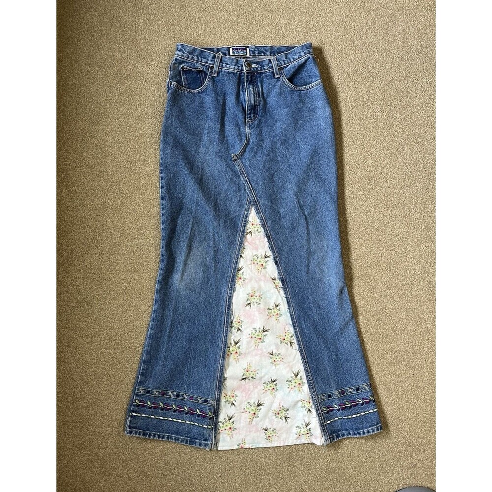Vintage Y2K | NorthCrest Denim Cotton Maxi Skirt Floral Embroidered, Size 10, M